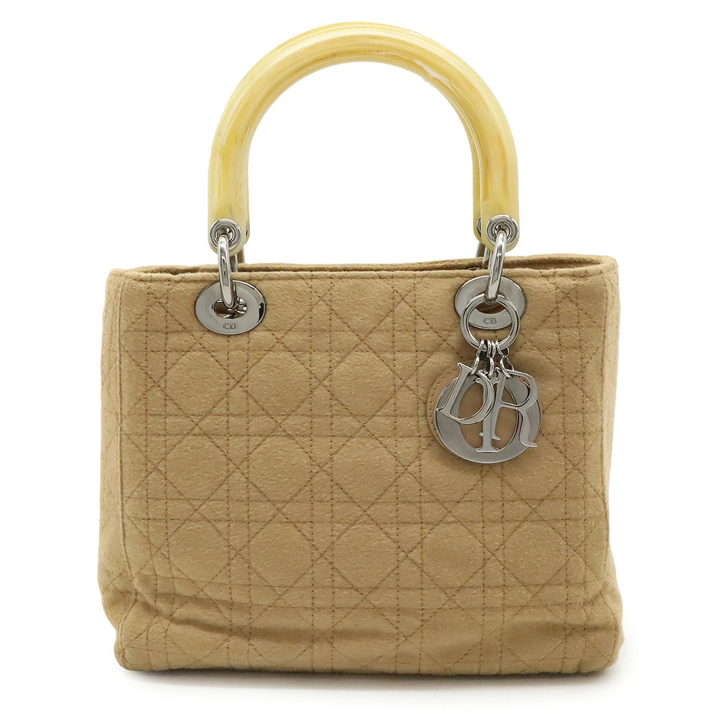 Christian Dior Lady Cannage Handbag Tote Bag Wool Beige Cream